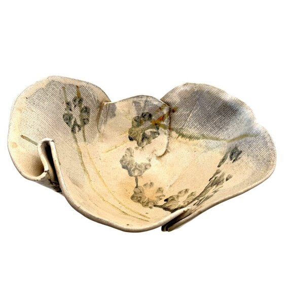 Folded Clay Bowl Studio Pottery Signed by Artist with Painted Florals 6"H X 11" - Picture 1 of 6